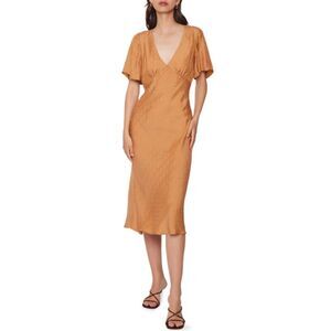 Lost + Wander Sierra Jacquard Rust Bronze Midi Dress Flutter Sleeves , Size S